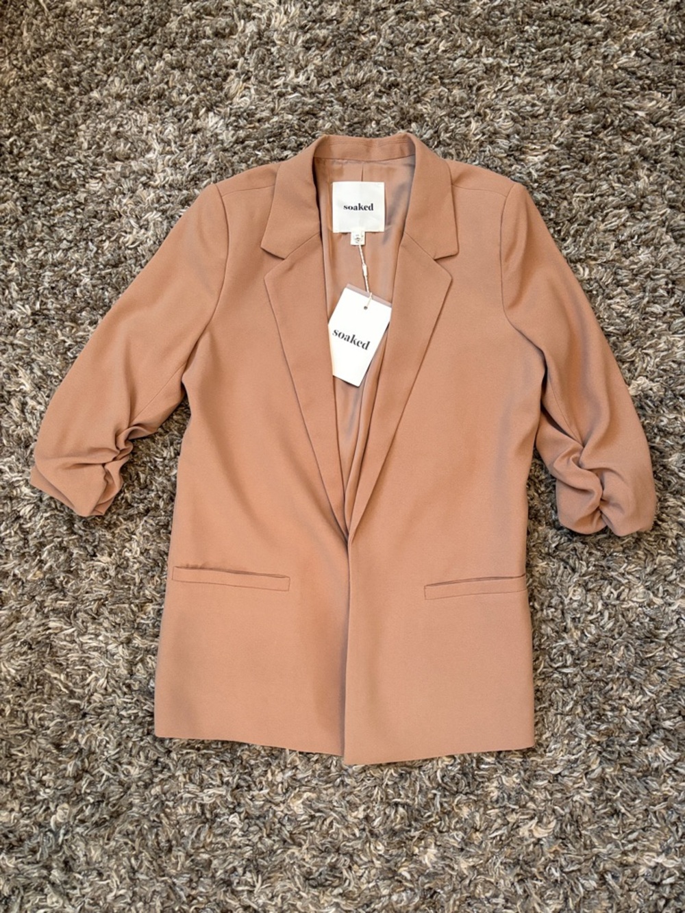 Soaked Blush Tan Ruched-Sleeve Open Blazer Jacket